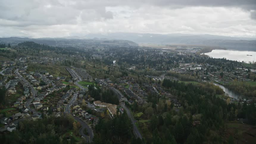 Aerial of a residential neighborhood surrounded by forest