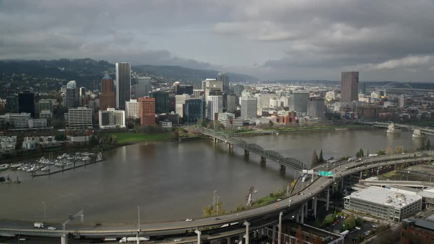 Aerial panorama of a coastal metropolis with skyscrapers and bridges