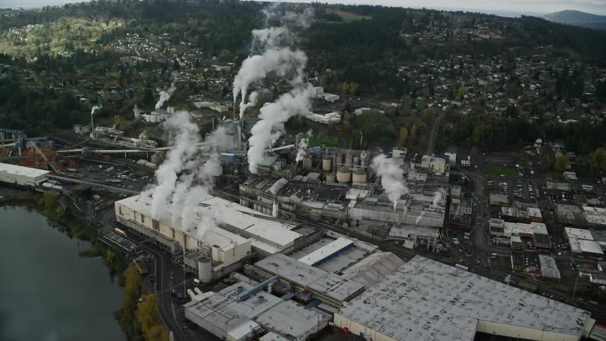 Aerial view of the washougal river and the georgia pacific paper mill in camas