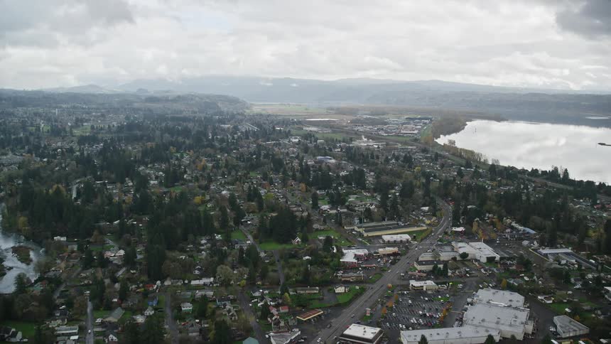 Aerial view of a small town next to a lake