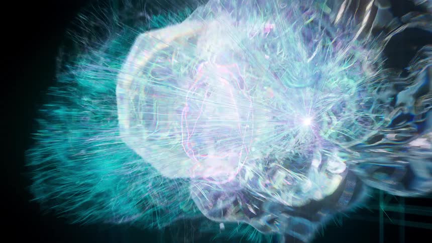 A digital animation of a glowing brain with a ball of lightning inside