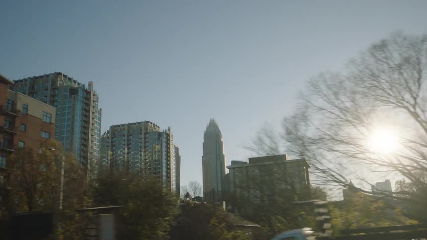 City skyline with glass towers in urban city