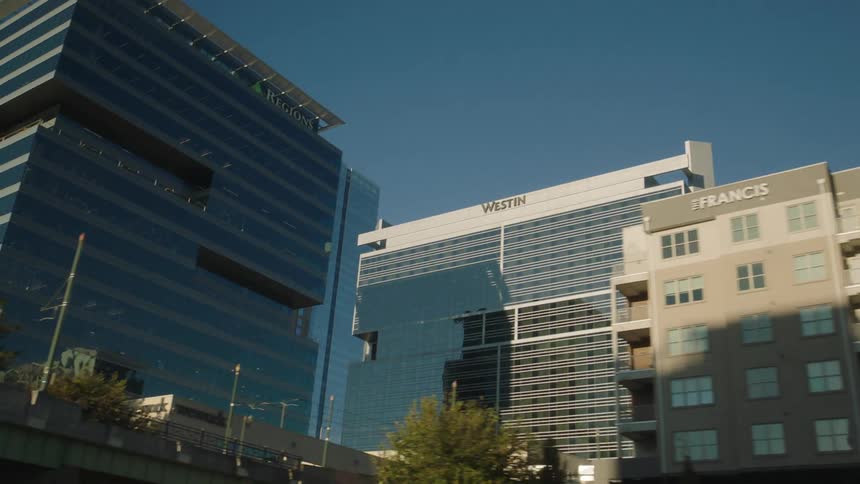 Panorama of buildings in a metropolis with a clear blue sky