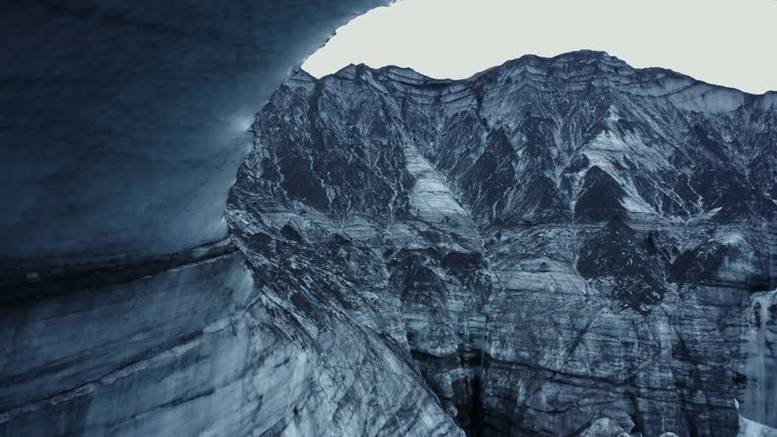 Panorama of a waterfall and cascade in a glacier