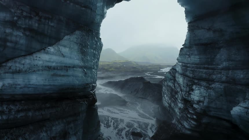 Ice cave facing a river on a cloudy day with haze