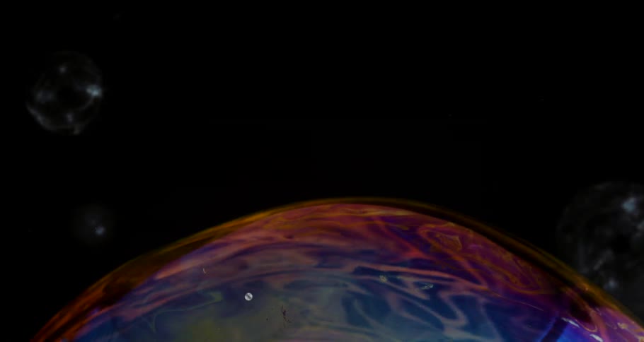 Iridescent membrane containing pale globes floats against a black background