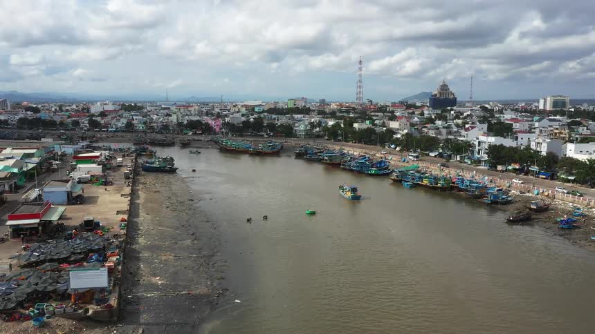 Boats docked along the shore of an urban city
