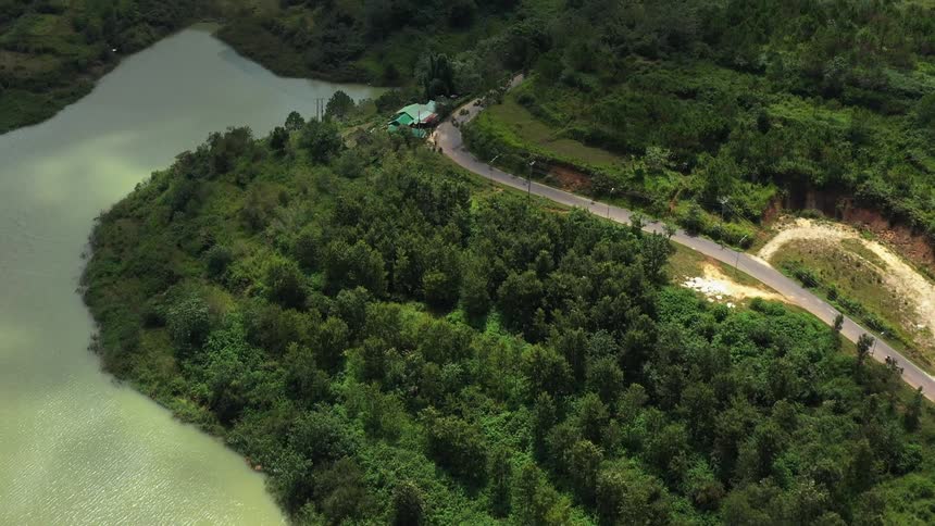 An aerial view of a river near a forest of trees and a road