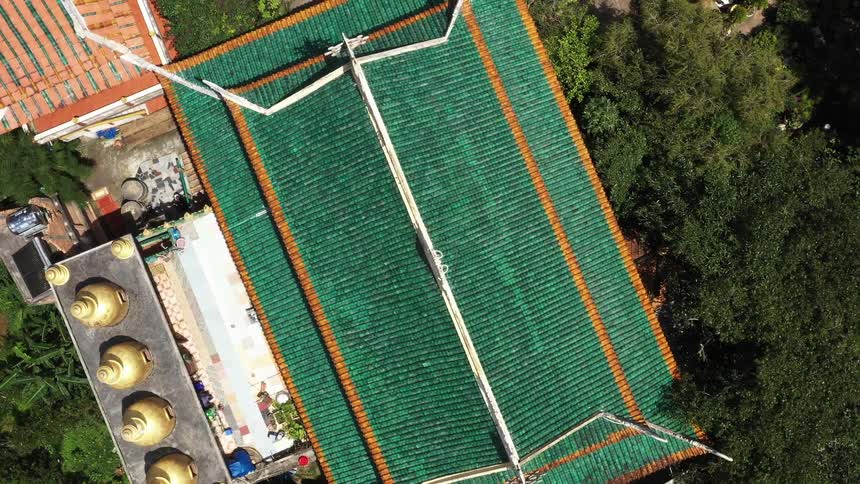 View of an asianstyle green house roof amidst a residential neighborhood