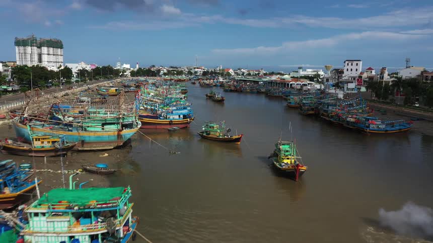 Aerial of the port in an urban city during the day