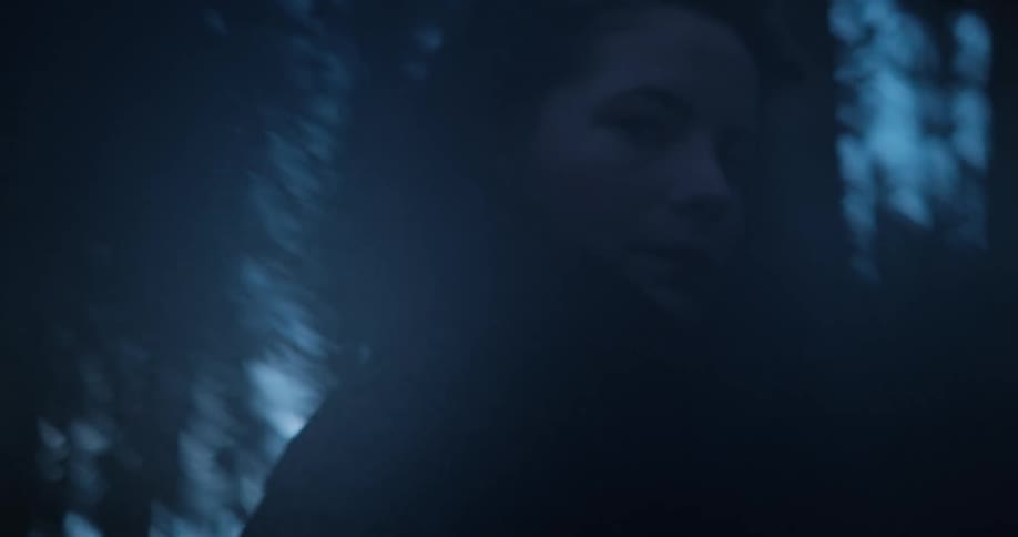 Close up of woman with wavy hair in the dark forest