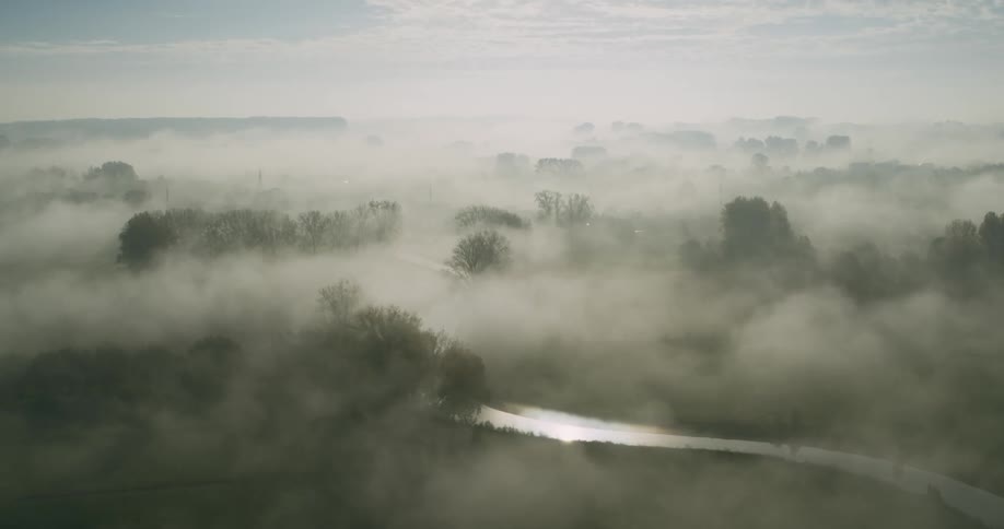 Aerial of a river cutting through the forest covered in fog during dawn