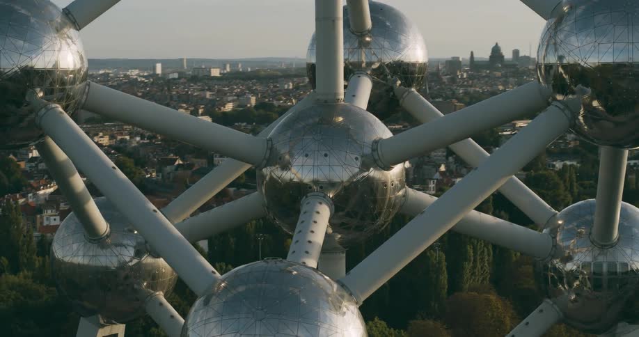 A sculpture of atoms in the city neighborhood