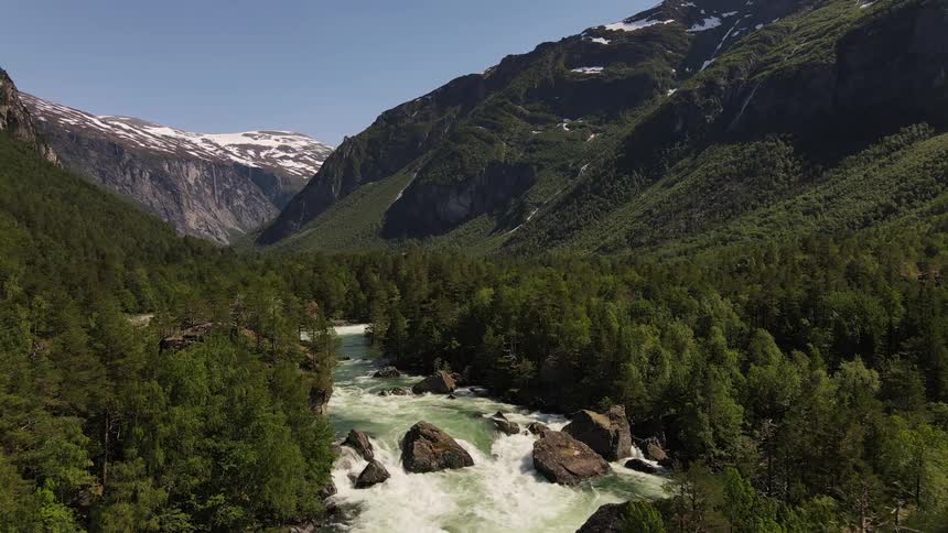 Panorama of a flowing river amidst a forest through the mountains