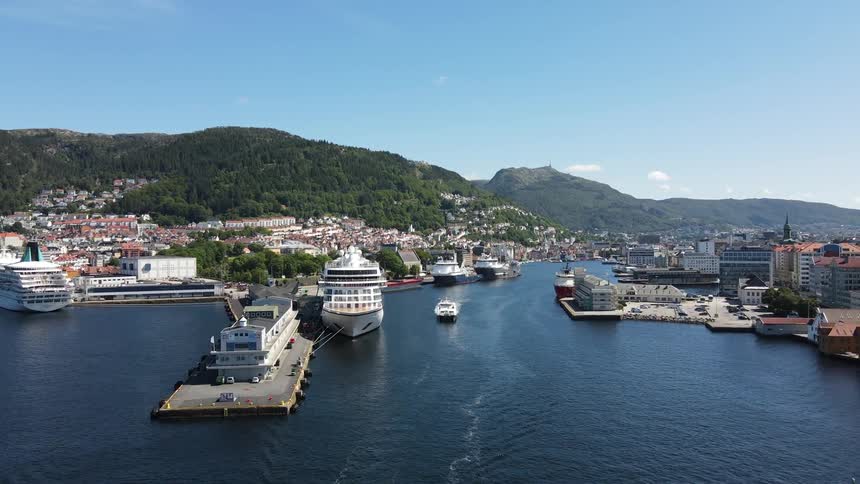 Boats and cruise ships docked at piers in an urban city amidst an island