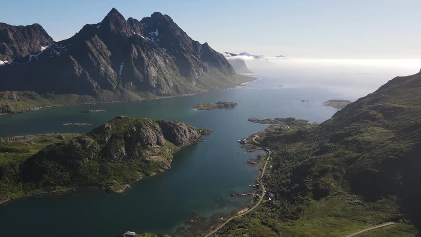 Mountains are on the island by the peninsula