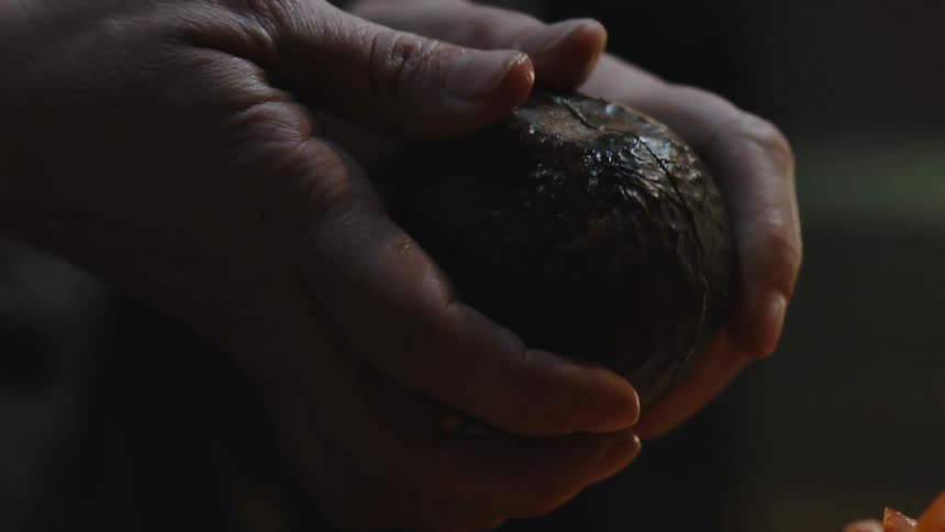 Person cuts and opens an avocado