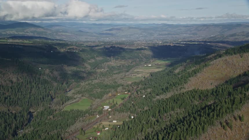 Panorama of a forest beneath mountains on a cloudy day