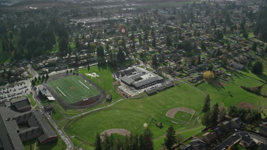 A school campus is in the middle of the suburbs