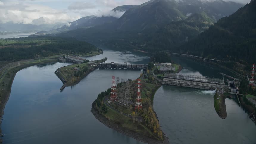 Aerial of bonneville dam on the columbia river during an autumn day