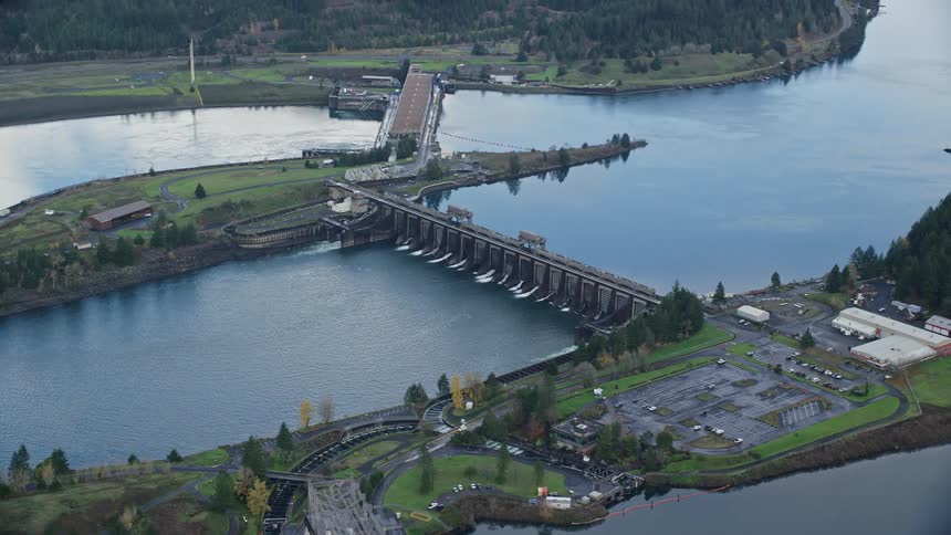 Aerial of a water reservoir in a suburban neighborhood
