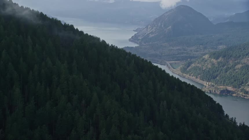 Aerial panorama of mountains with forests on the shore of a lake