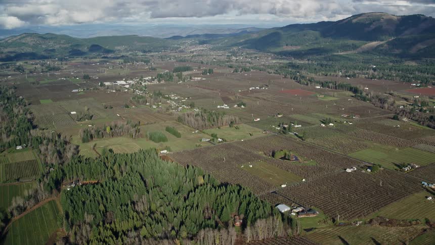 Aerial panorama of agricultural fields surrounded by a chain of mountains