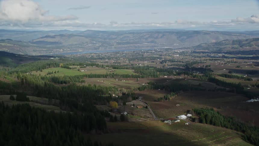 Aerial of a rural town with pasture fields on a sunny day