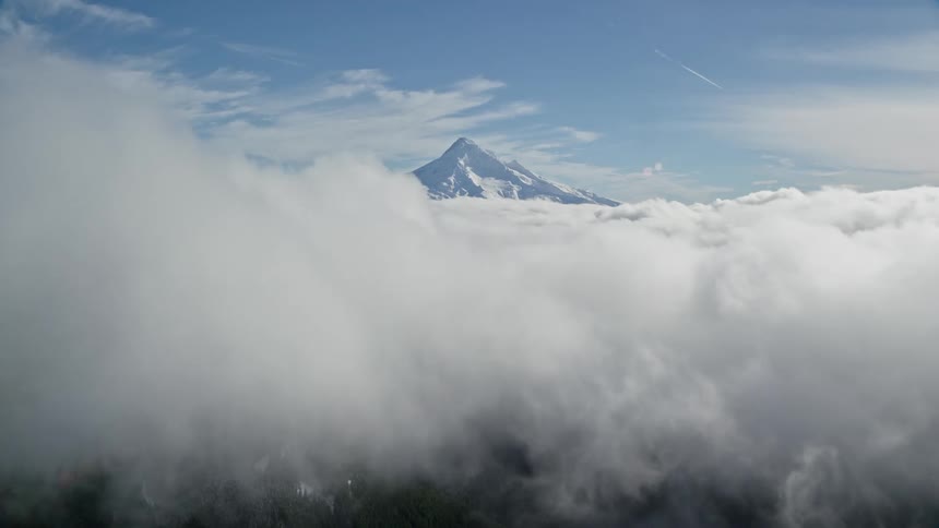 Aerial of mount hood on a partly cloudy winter day