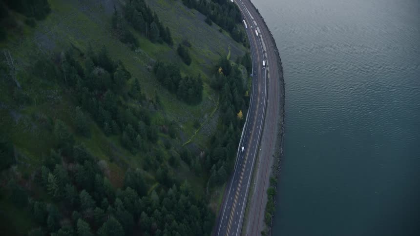 Aerial of the highway in columbia river gorge during the autumn