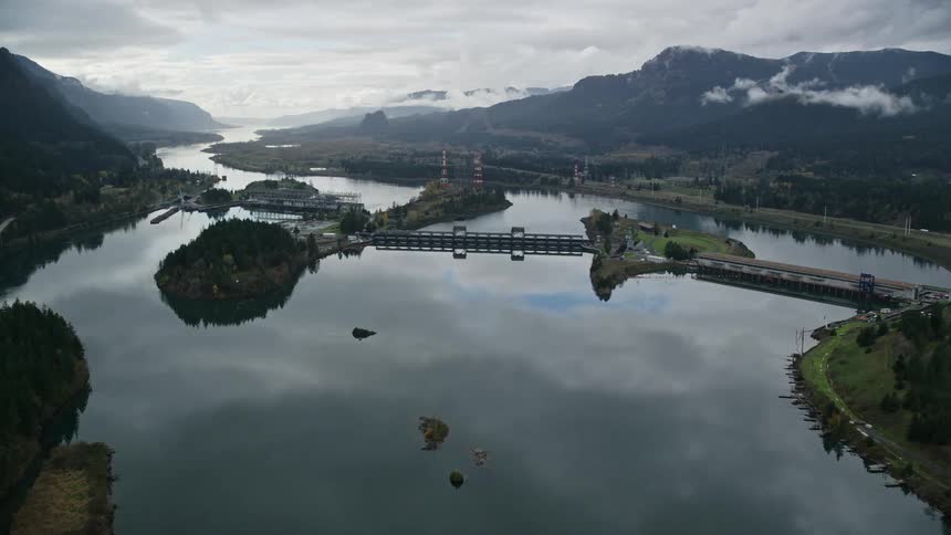 Aerial view of gates on a river in the mountains