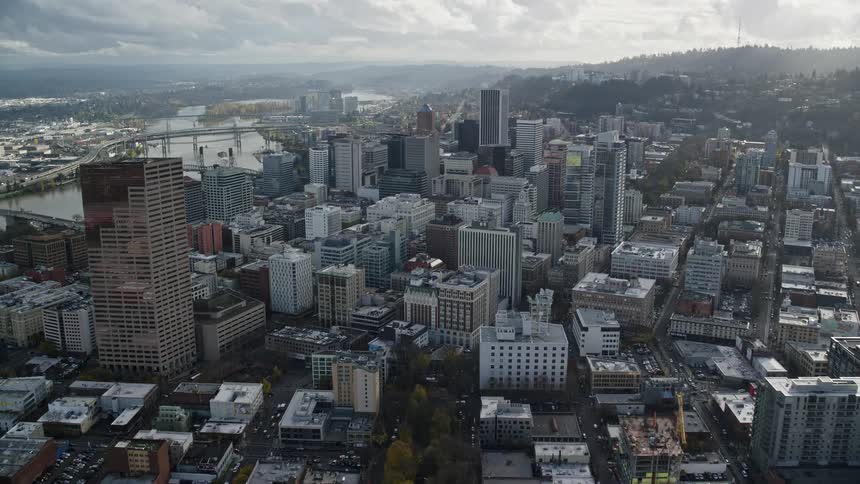 Aerial panorama of a metropolis with skyscrapers and the edge of a lake with mountains on the horizon one morning