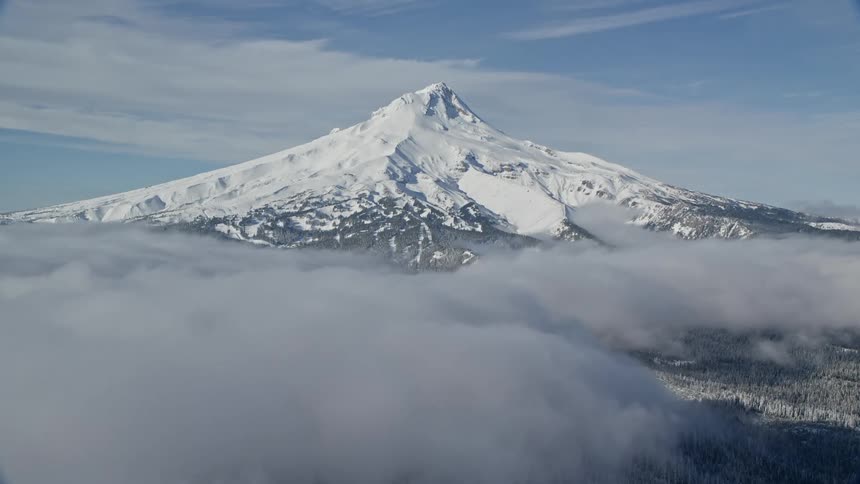 Aerial panorama of mountains with conifers and covered in snow