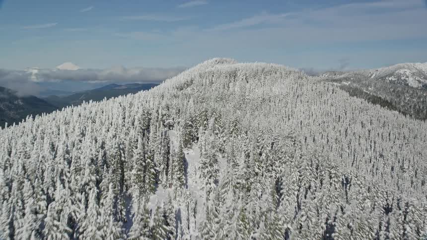 Aerial panorama of mountain peaks with white snowcovered conifers facing lakes on a day