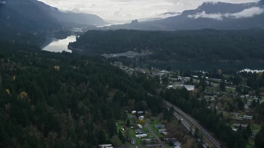 Aerial of a small neighborhood surrounded by a lake and forest on a cloudy day