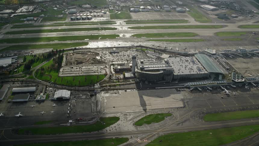 Aerial of portland international airport on a partly cloudy autumn day