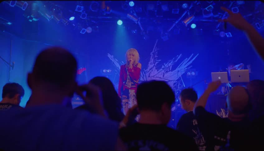 Lady sings on stage while people dance at a concert