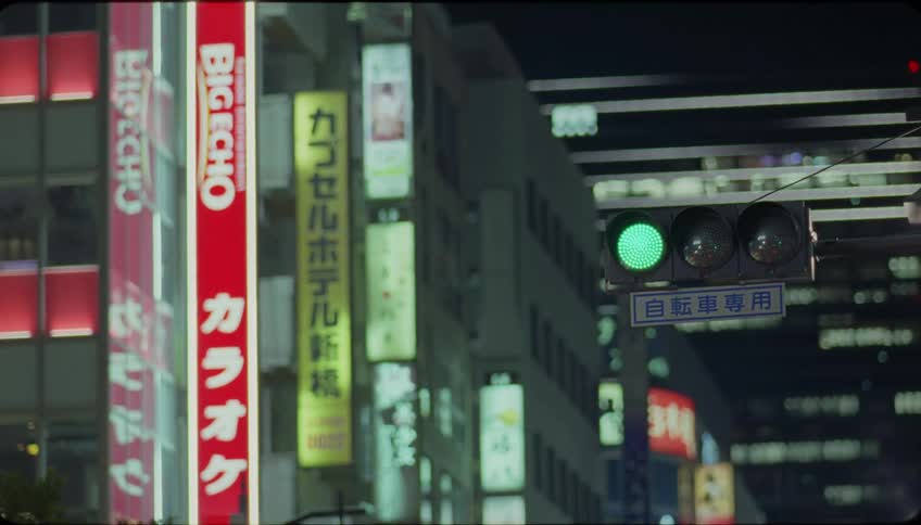 Traffic light on the commercial district of a city at night