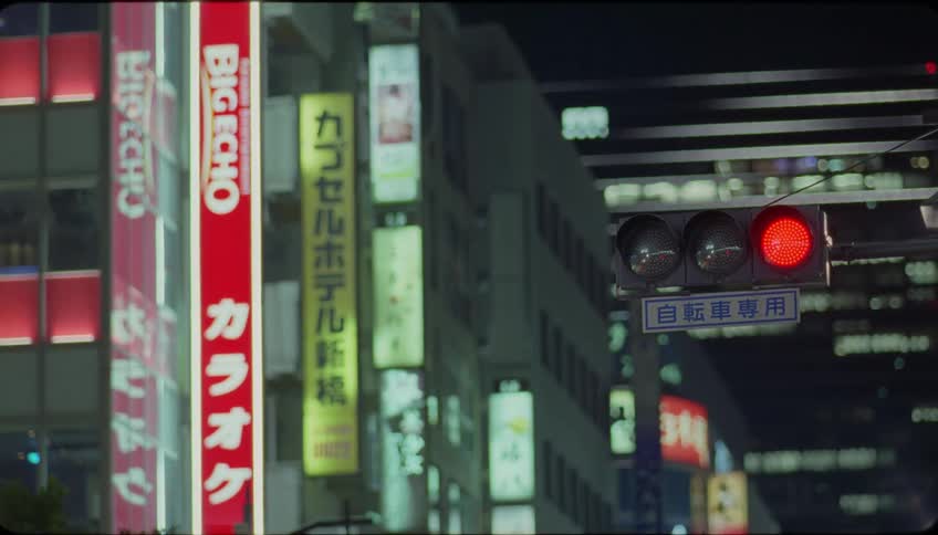A traffic light changing colors on a street with several signs for nearby establishments