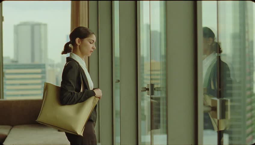 Business woman with a ponytail black cardigan sweater brown pants and a shoulder bag stands in front of office windows