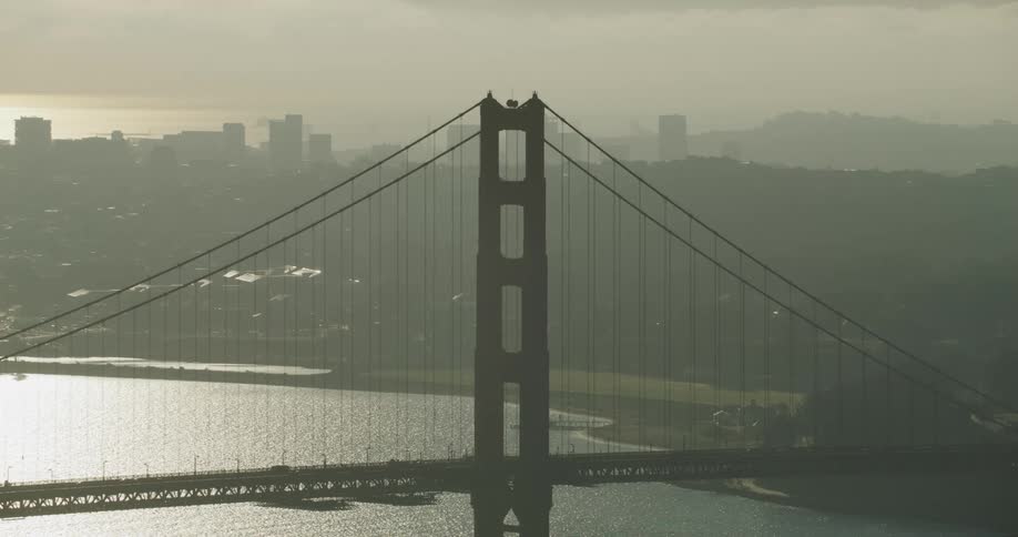 A foggy aerial view of the iconic golden gate bridge