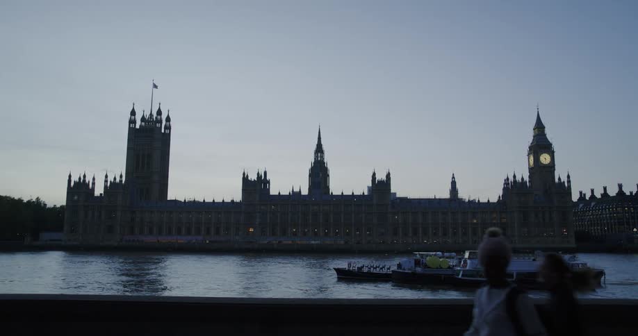 Landscape of westminster bridge facing the lake with people passing by in the morning