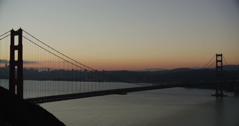 An aerial view of the golden gate bridge being silhouetted at dusk