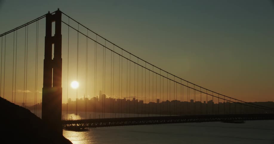 Aerial view of the iconic golden gate bridge at sunset