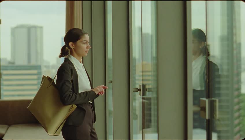 Woman in formal attire with a handbag looking at the cityscape when called she turns around and walks away
