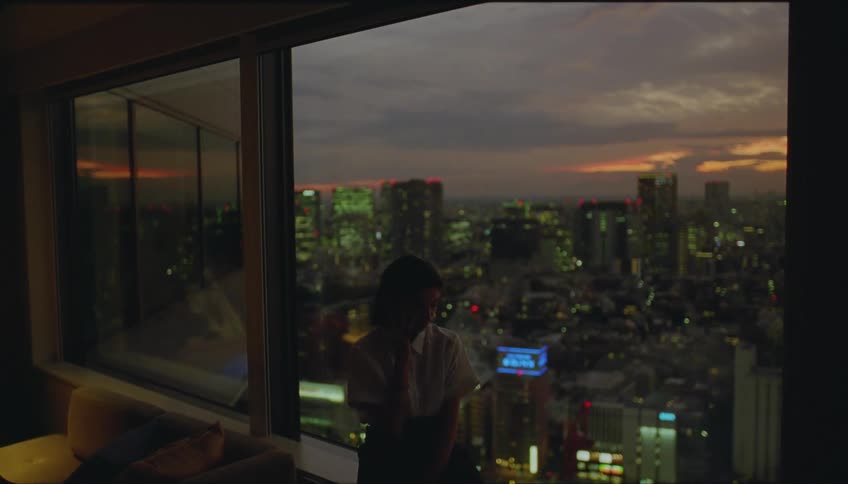 A person is looking at a city through a window and the sky is getting dark