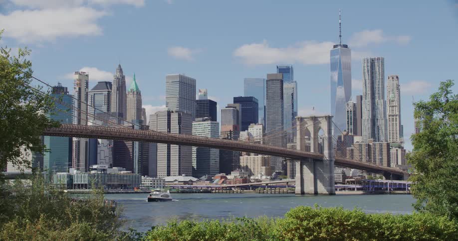 Landscape of a metropolis by the sea with a bridge and a pleasure boat in daylight