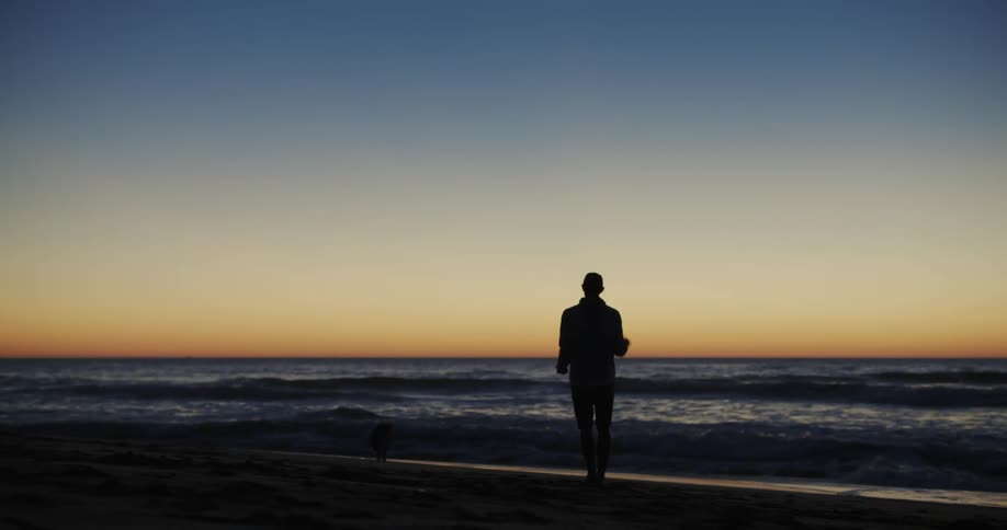 Silhouette of a man walking his dog on the beach at sunset