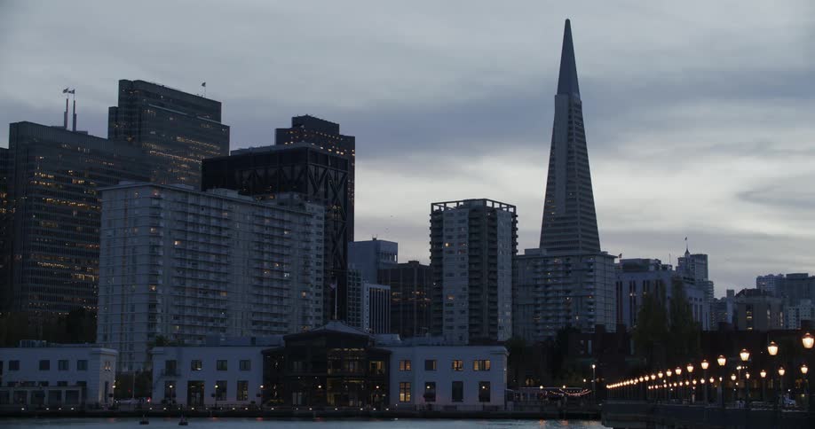 Exterior view of transamerica pyramid and illuminated buildings