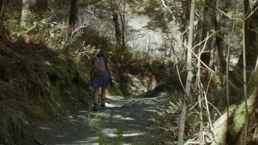 A woman walks up a path through the forest